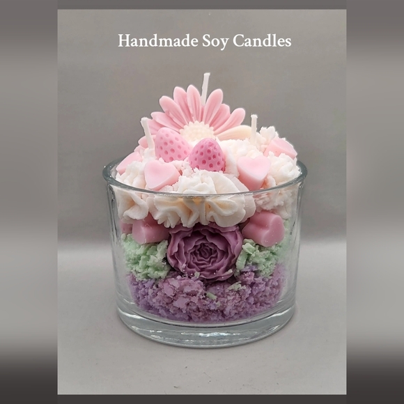 Hand Crafted Other - Handmade Soy Candle with Pink and Purple Green Accents Daisy Rose and Berries